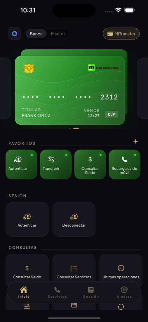 Pantalla de inicio de ViaTransfer con las tarjetas del banco