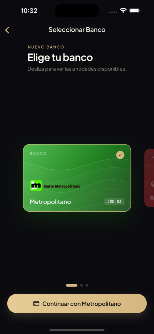 Pantalla para elegir el banco