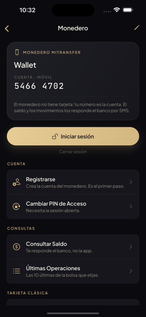 Pantalla del monedero MiTransfer en ViaTransfer